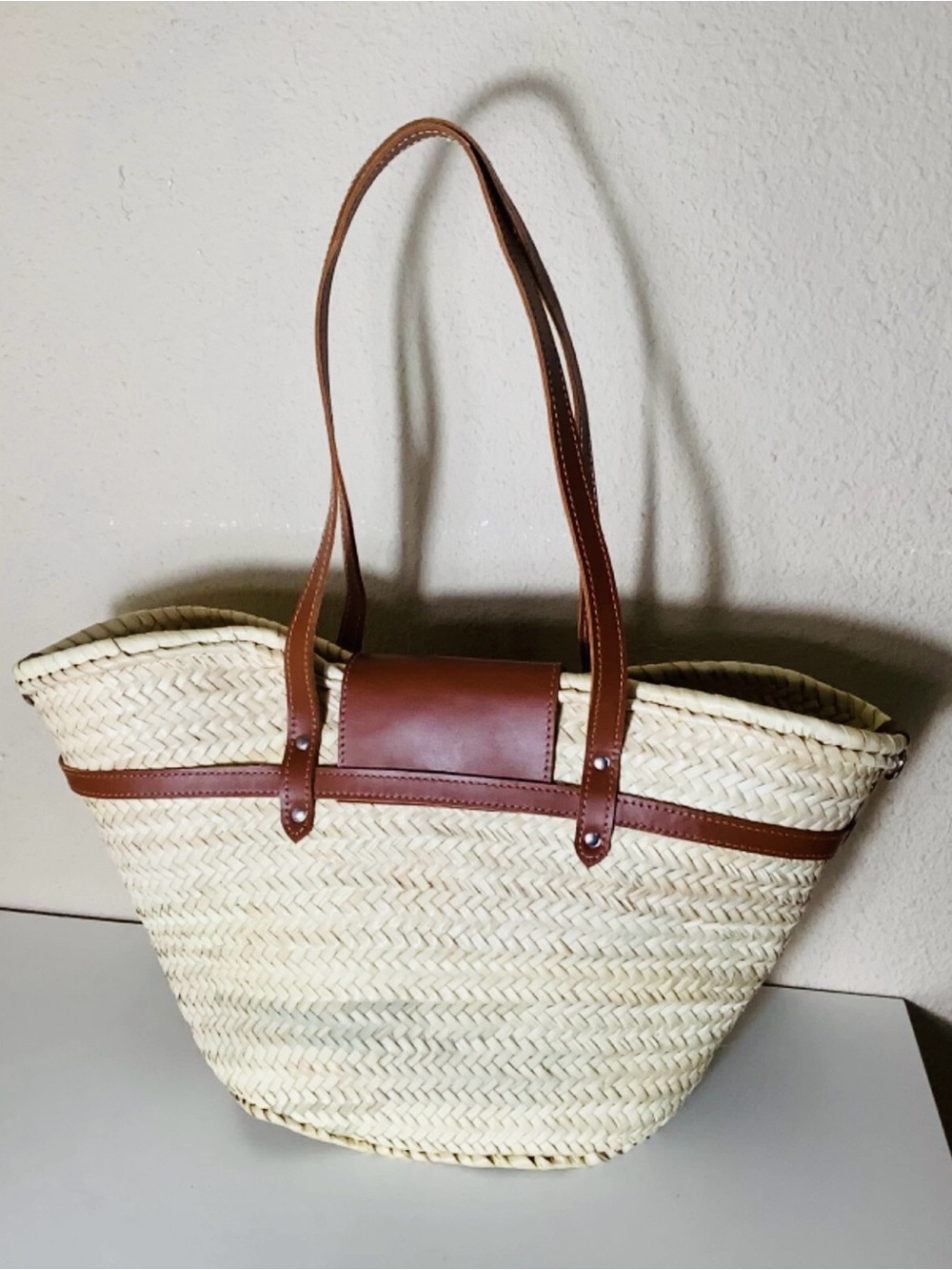 Moroccan Handmade straw french baskets with removable leather straps -Size Large - Picture 5 of 13